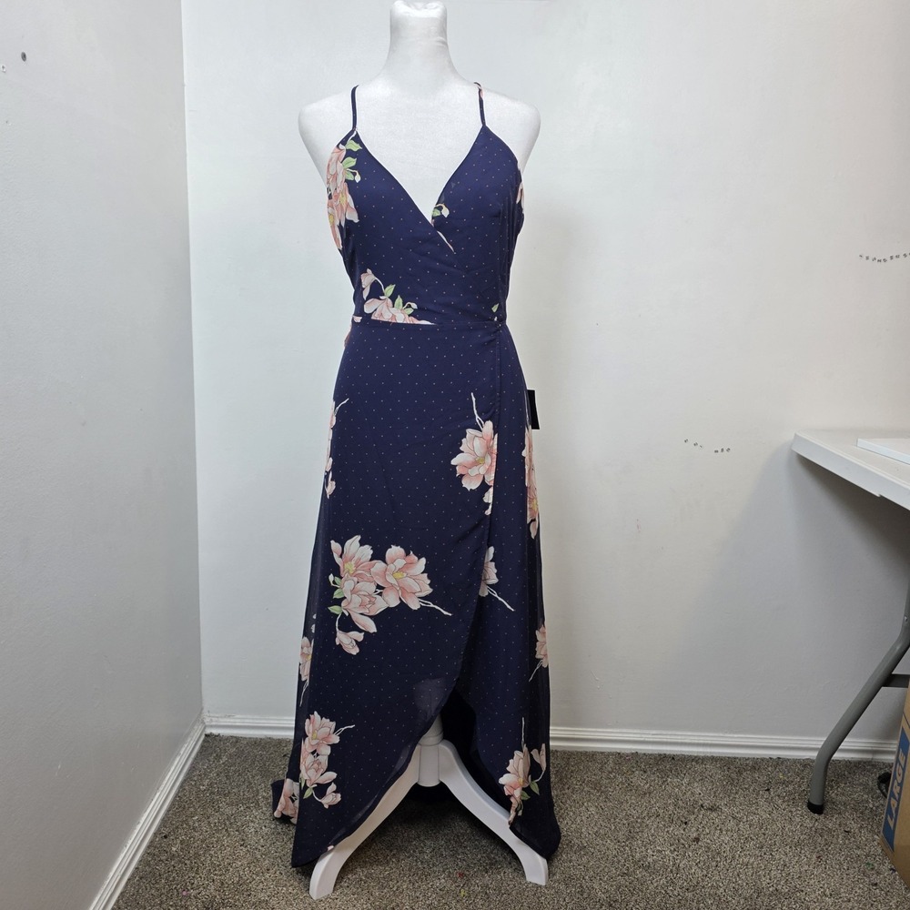 Lulus Navy Blue Floral Polka Dot Loiselle Wrap Boho Romantic Maxi Dress Size M - Picture 2 of 9